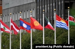 БУУнун баш кеңсесинин алдындагы мамлекеттердин туулары. Нью-Йорк, АКШ.