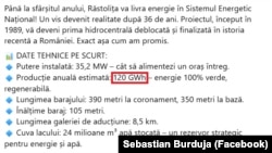 În chenar roșu, producția anuală anunțată de ministrul Burduja pentru hidrocentrala de la Răstolița.