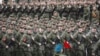 Russian troops march during a rehearsal for a Victory Day military parade ahead of May 9 in St. Petersburg on April 22.