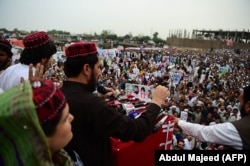 Manzoor Pashteen, leader of the Pashtun Tahafuz Movement, addressing a protest gathering in Peshawar on April 8.