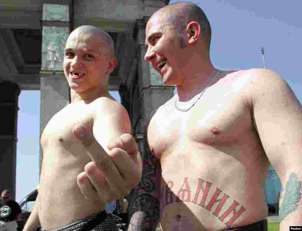 Then things changed. In 2006, under the presidency of Vladimir Putin, the small city of Ryazan imposed a ban on "homosexual propaganda." Gessen says it was "the first law in Russia that actually enshrined second-class citizenship [for LGBT people]." This picture shows skinheads in Moscow preparing to confront a planned gay-rights parade in 2007.&nbsp;