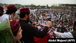 Manzoor Pashteen, leader of the Pashtun Tahafuz Movement, addressing a protest gathering in Peshawar on April 8.