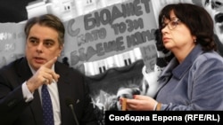 Председателят на „Продължаваме промяната“ Асен Василев и финансовата министърка в оставка Теменужка Петкова от ГЕРБ на фона на кадър от един от многохилядните антиправителствени протести, които започнаха заради бюджета и доведоха до оставката на кабинета. Колаж.