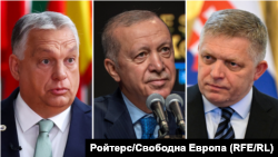 Унгарският премиер Виктор Орбан, президентът на Турция Реджеп Тайип Ердоган и словашкият премиер Роберт Фицо. Колаж.