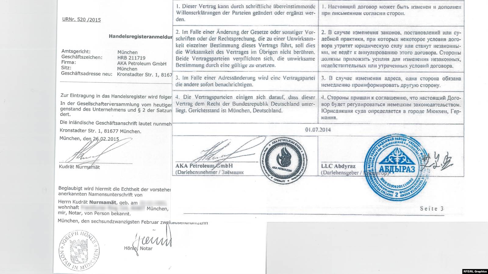 Германиянын бизнес реестринен алынган Абдукадыр үй бүлөсүнүн компанияларынын бири тууралуу документте  үй бүлөнүн жергиликтүү өкүлү Кудрат Нурмаматтын колу бар.