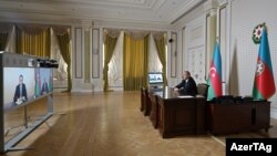 Ադրբեջանի նախագահ Իլհամ Ալիևը հեռավար հանդիպում է անցկացնում նորանշանակ ԱԳ նախարար Ջեյհուն Բայրամովի հետ, Բաքու, 16-ը հուլիսի, 2020թ.