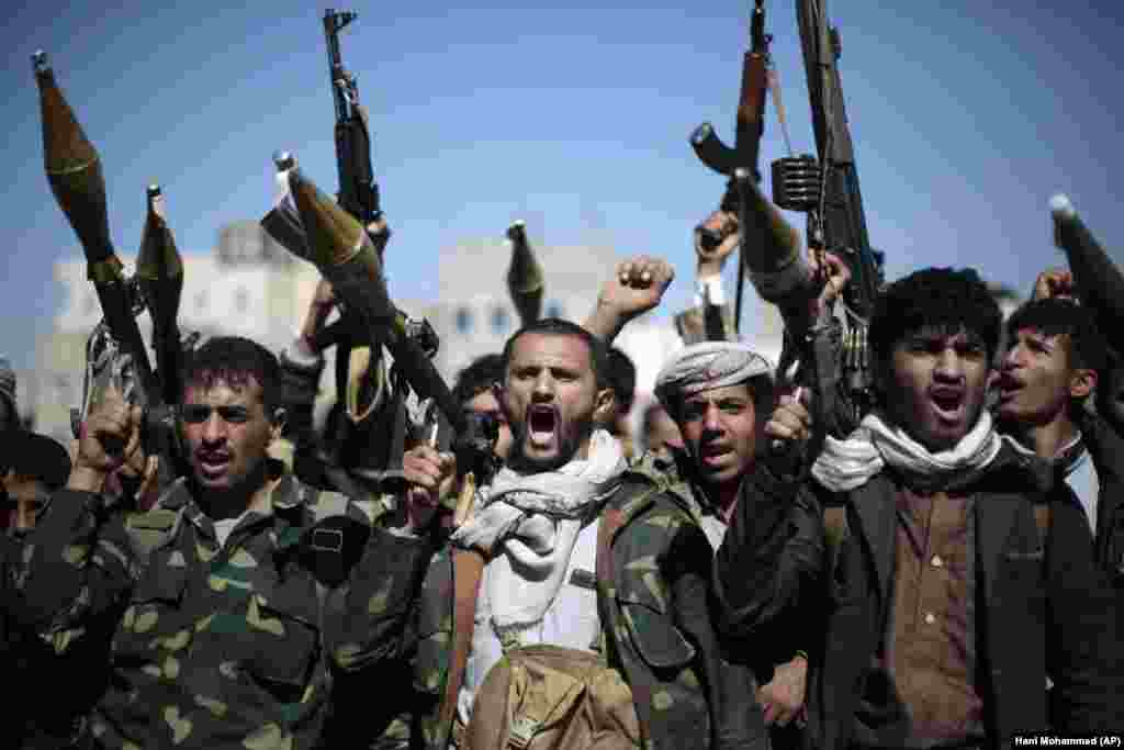 Yemeni tribesmen loyal to Huthi rebels brandished their weapons in 2016. The Iran-backed rebels, who control the capital Sanaa, called for "swift reprisals" for the killing of Soleimani.