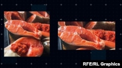 შეღებილი ცისარტყელა კალმახის ხორცი და ხიზილალა