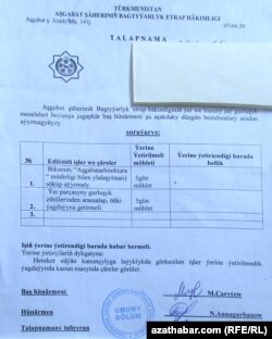 Ýaşaýjylara gowşurylan talapnama