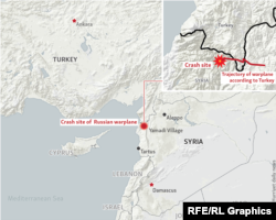Карта с указанием машрута полета Су-24 и места его падения, соответствующая версии Турции