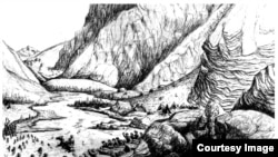 Памирчилер суу кечип, үңкүрдө аялдар от жагып отурушат. (Малик Кутлу тарткан сүрөт)