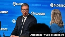 Presidenti i Serbisë, Aleksandar Vuçiq, në Forumin GLOBSEC në Pragë. 13 qershor, 2025.