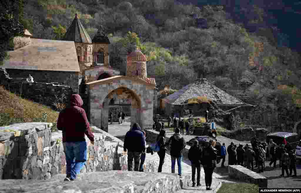 Crowds gather at the monastery on November 12. The territory where the monastery is located is due to be handed over to Azerbaijan by November 15.