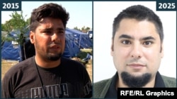 Kemal El Shairy në qendrën për refugjatë në veri të Serbisë më 28 gusht 2015 dhe tani.