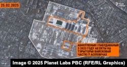 Абноўленыя і пабудаваныя з 2023 году аб’екты на тэрыторыі вайсковай часткі ў Асіповічах. Здымак 25 лютага 2025 году