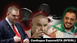 Колаж на санкционираният за корупция председател на "ДПС - Ново начало" Делян Пеевски, председателят на федерацията по вдигане на тежести Стефан Ботев и световният, европейски и олимпийски шампион Карлос Насар. 
