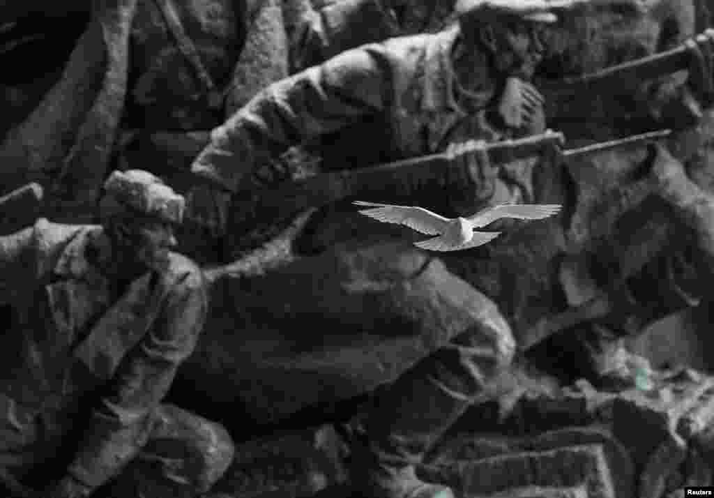 Украинанын улуттук тарых музейиндеги Экинчи дүйнөлүк согуштун катышуучуларын чагылдырган баррельфин жандай учуп бараткан көгүчкөн. 