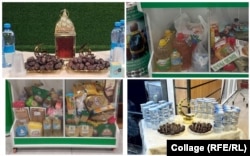 Финики и вода на специальных столах появляются ближе к вечеру, боксы для сбора благотворительности открыты постоянно.