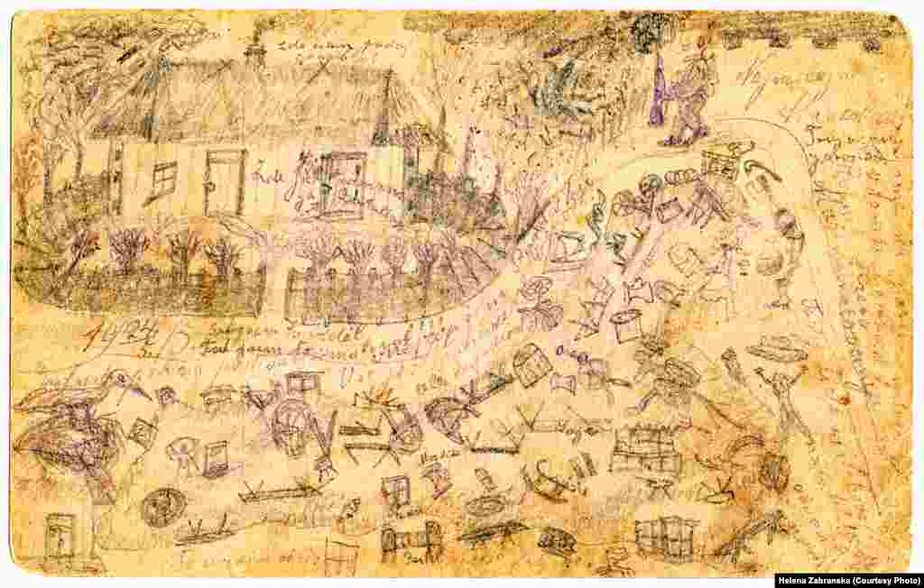 "Гранаты попали в нас здесь!", - написал Бис, пометив на рисунке точками места на крыше дома. Внизу рисунка он написал: "Нарисовал, как я это вижу"