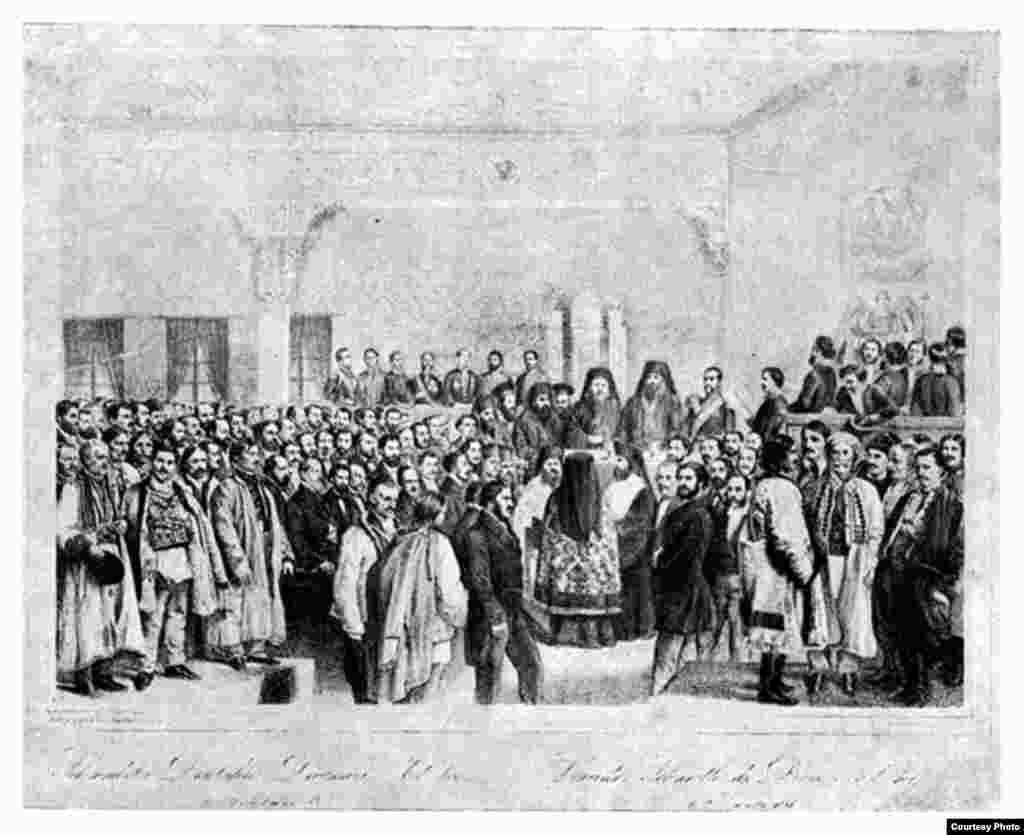 Întrunire a Divanului Ad Hoc din București, în 1857. &nbsp;