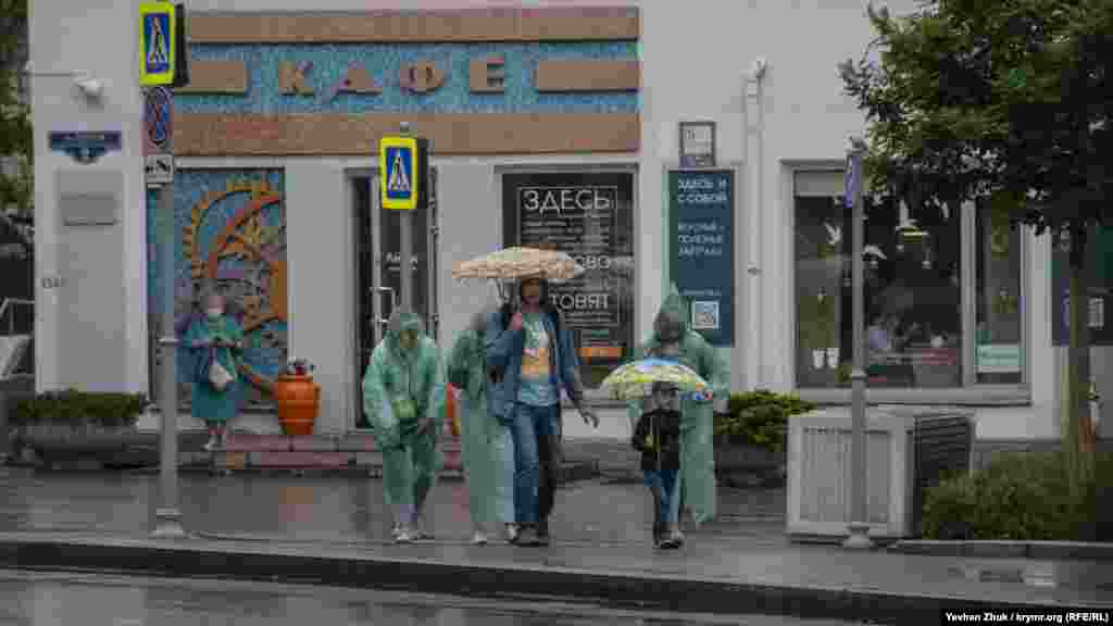 Озброївшись парасольками і дощовиками, сім'я вийшла на прогулянку