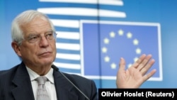 EU foreign-policy chief Josep Borrell gives a press briefing at the end of a foreign ministers council in Brussels on September 21.