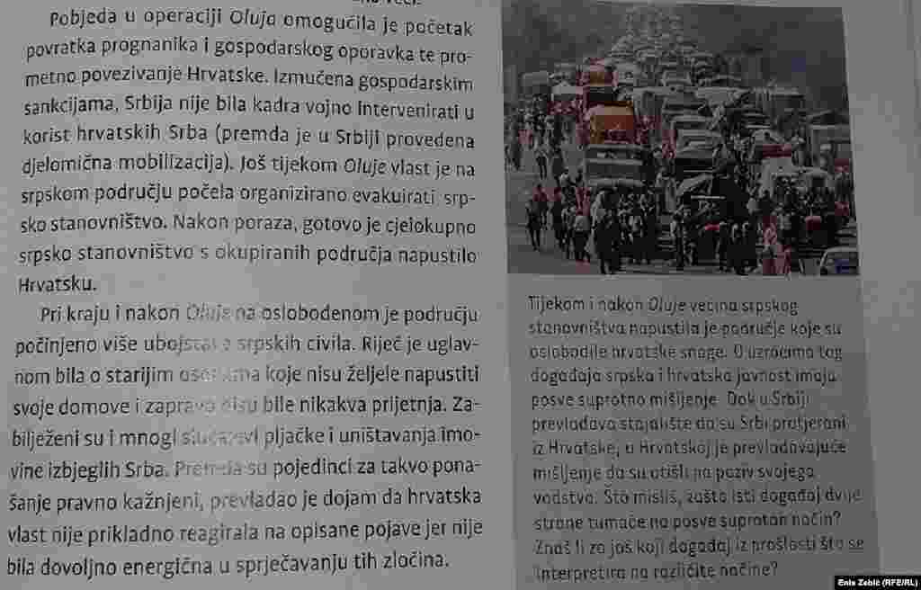 Udžbenik iz povijesti za 8. razred Osnovne škole, izdavač "Alfa", autori Bekavac i Jareb, Zagreb 2016, deo teksta o zločinima u ratu u Hrvatskoj. 