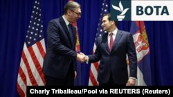 Presidenti i Serbisë, Aleksandar Vuçiq, dhe sekretari amerikan i Shtetit, Marco Rubio. Nju Jork, 23 shtator 2025. 