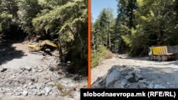 Багери и камиони на брегот на реката Дошница, на планината Кожуф. 