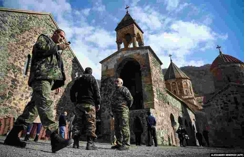 Armenian soldiers roam the grounds of the monastery. Dadivank is in Kalbacar, one of seven districts due to be transferred to Azerbaijan as part of a deal to end the fighting over Nagorno-Karabakh.