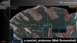 Взаимное расположение Военной гавани, причала Пограничной службы ФСБ РФ и коммерческих причалов в Новороссийском порту. Скриншот со страницы @MT_Anderson в соцсети Х