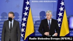 Bakir Izetbegović (lijevo), predsjednik Stranke demokratske akcije BiH, i Dragan Čović (desno), predsjednik Hrvatske demokratske zajednice u Bosni i Hercegovini. 23. februar 2021. Sarajevo