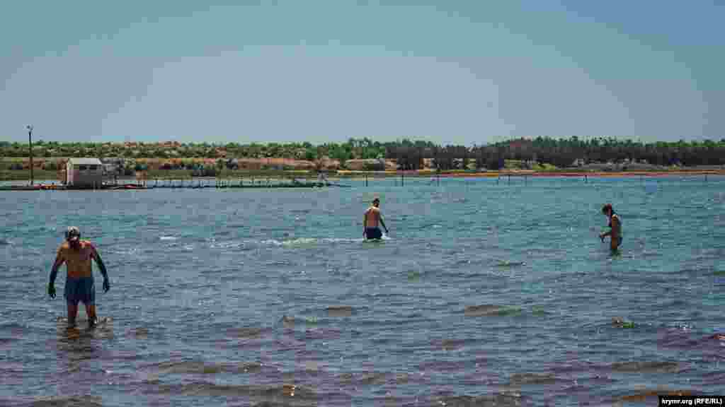 Adamlar qara tedaviylev çamurını göl tübünden çıqarıp ala
