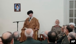 Iranian Supreme Leader Ayatollah Ali Khamenei speaks in a meeting with a group of armed forces commanders in Tehran on April 13.