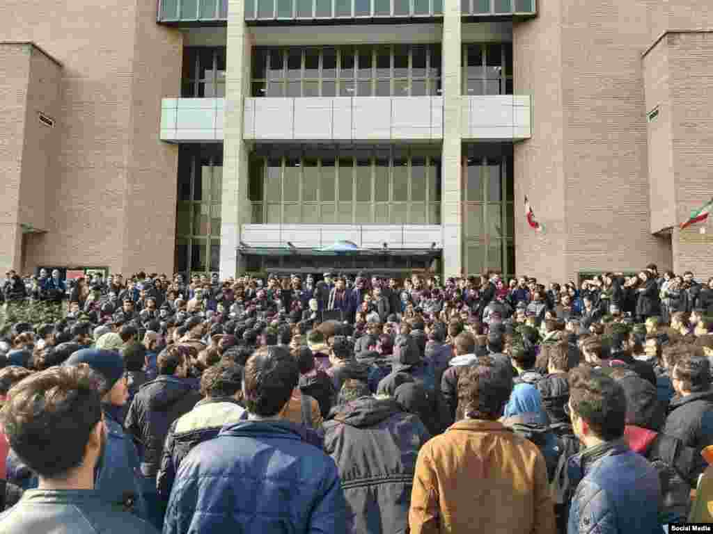 Anti-government protesters at Tehran's Sharif University on January 13, with demonstrators chanting slogans against the Iranian leadership, according to social-media posts.