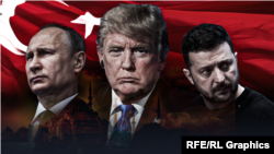 Colaj foto cu Donald Trump (centru) și Vladimir Putin (stânga) și Volodimir Zelenski (dreapta). 