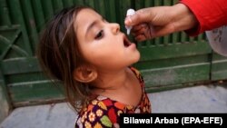 په پېښور کې یوه روغتیايي کارکوونکې یوې ماشومې ته د ګوزڼ ناروغۍ ضد څاڅکي ورکوي - پخوانی انځور.