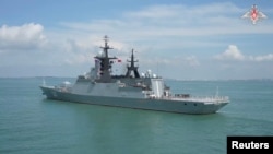 O corveta rusească intră în portul Zhanjiang în timpul exercițiului naval Joint Sea-2024 China-Rusia.