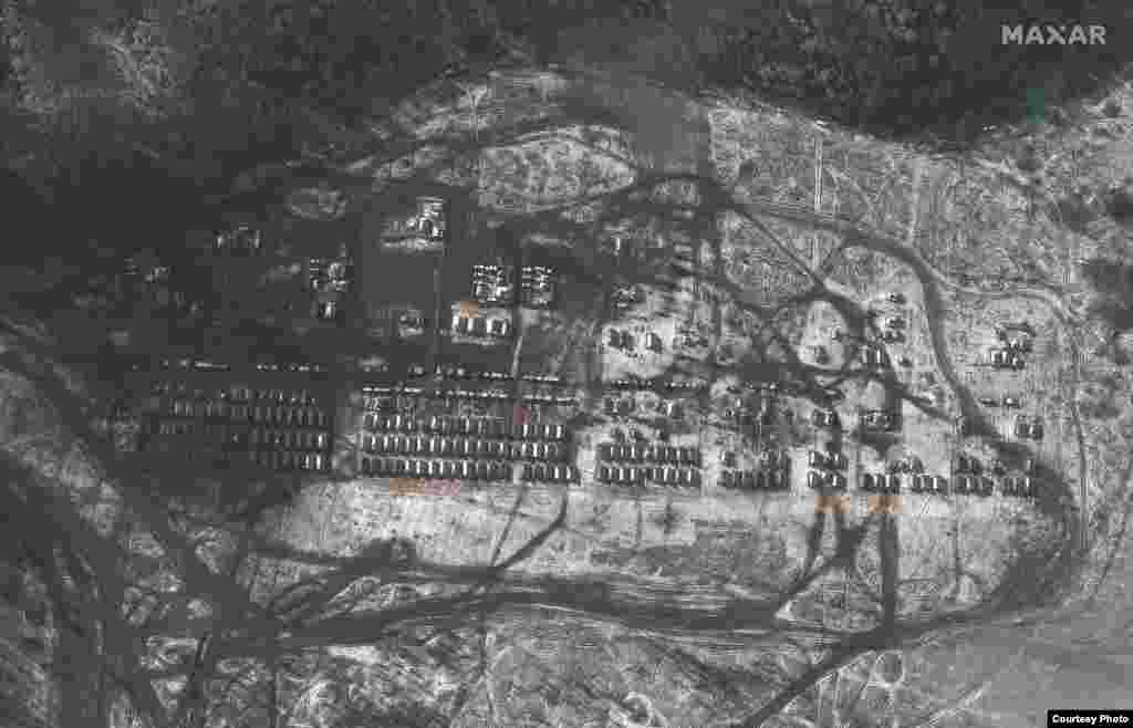 An overview of Russian troop tents and an administration area in Yelnya, Russia, on November 9, 2021.