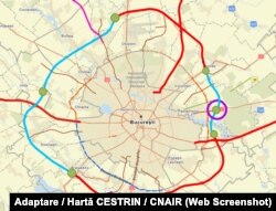 În prim-plan, inelul de autostradă al Bucureștiului. Cu linii albastre sunt marcate loturile nefinalizate încă, iar cu cerc verde – capetele acestora. Cu linii roșii sunt marcate porțiunile autostrăzii A0 inaugurate deja și autostrăzile cu care se intersectează: A1, A2 și A3.