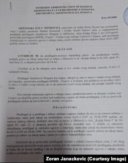 Vendimi i Gjykatës Komunale në Mitrovicë i vitit 2006 që konstaton se Dragan Janaçkoviq e ka blerë banesën.
