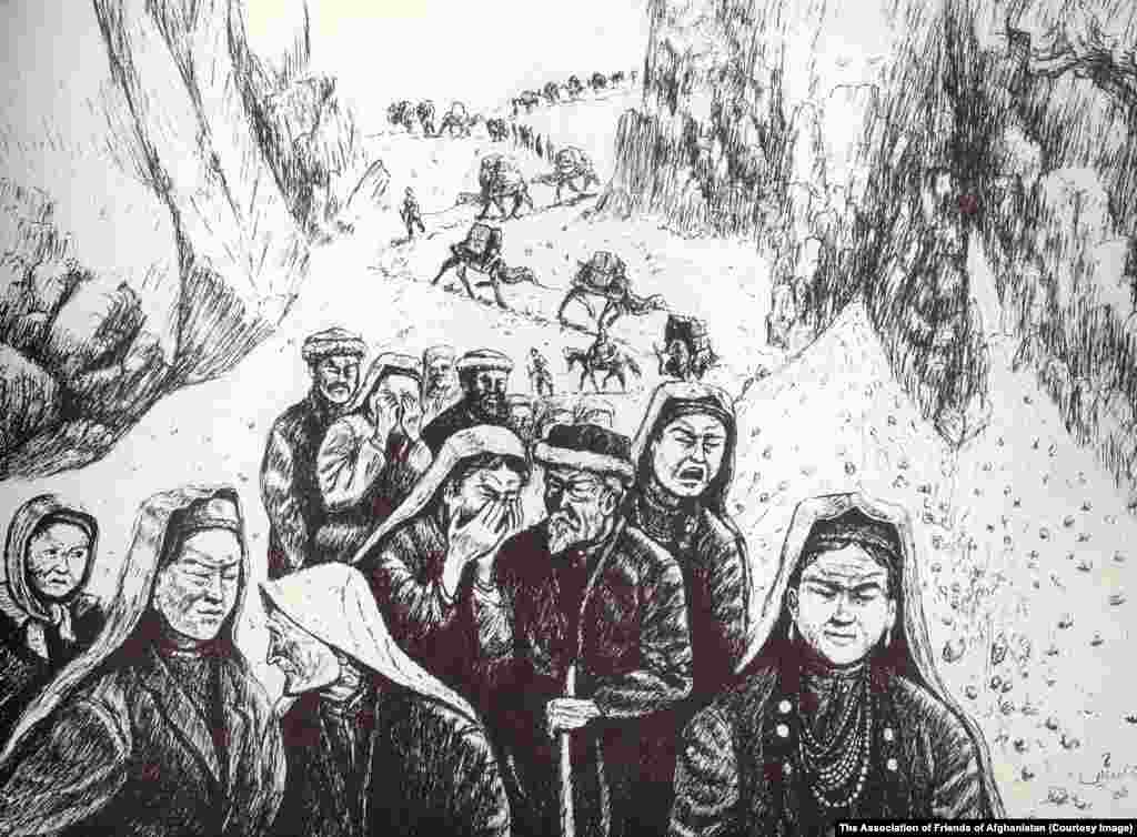 Кыргызы покидают насиженные места после известий о приходе коммунистов к власти в Кабуле в 1978 году. Большинство из них переселилось в соседний Пакистан, прежде чем турецкое правительство предложило им переехать в регион Ван. Рисунок Малика Кутлы.