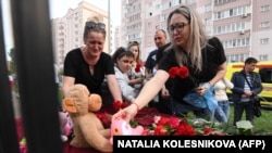 A makeshift memorial for victims of the shooting in Kazan, Tatarstan