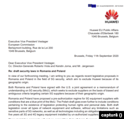 Scrisoarea trimisă de Huawei Comisiei Europene în care reclamă proiectele de legi din România și Polonia.