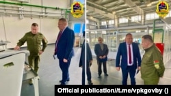 Дзьмітры Пантус падчас наведваньня Аршанскага авіярамонтнага заводу. Каляж з 2 фота прэс-службы Дзяржкамваенпраму