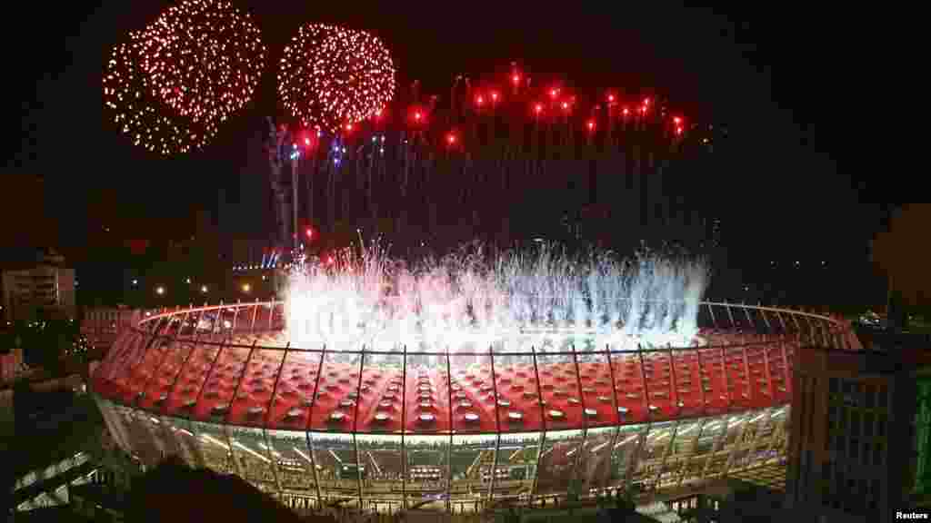 Fireworks explode over Kyiv's Olympic Stadium after the final.